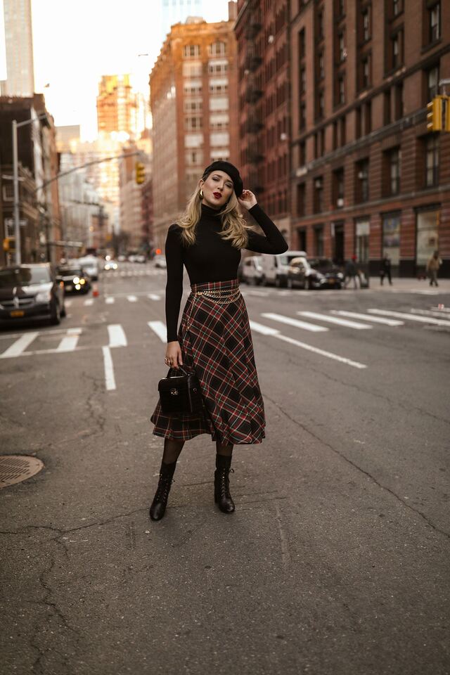 Women plaid skirt with turtleneck
